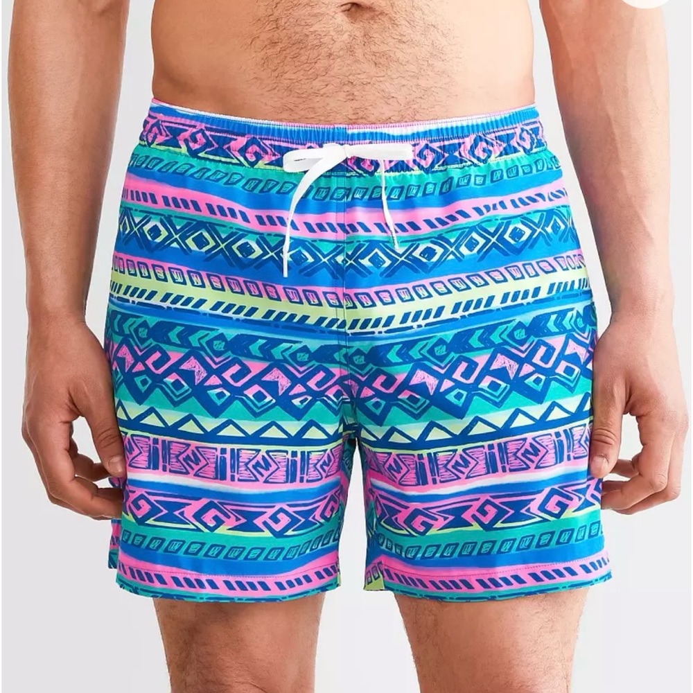 chubbies Retronators Stretch Swim Trunks Aztec-Pattern Blue & Pink sz Small